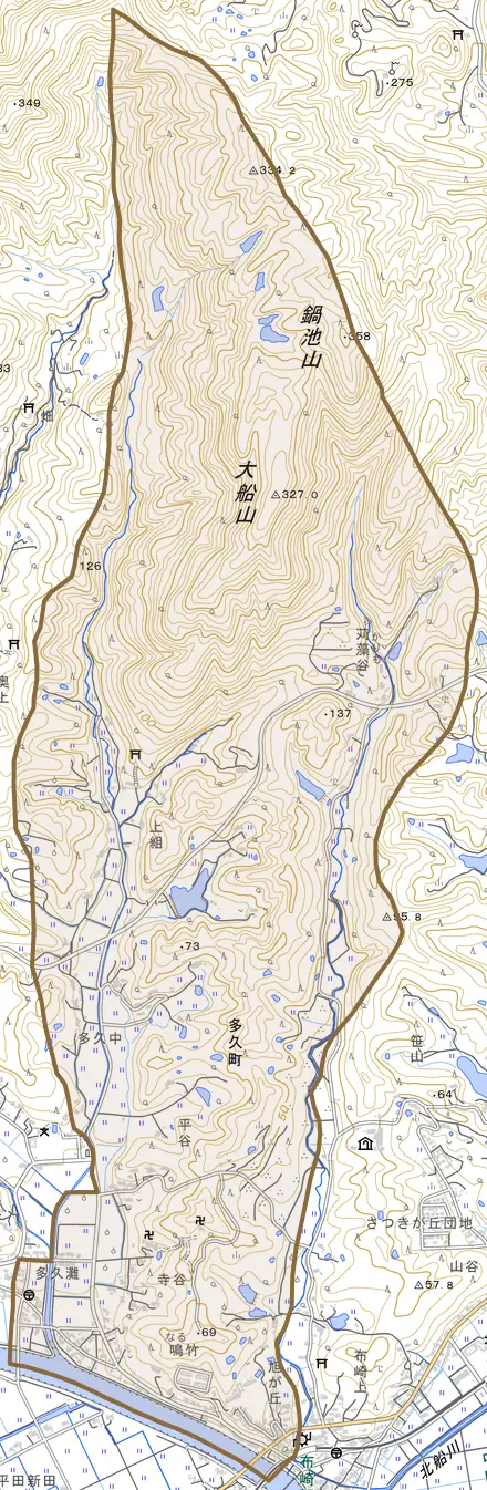 多久町とその周辺の地図。町の範囲を重ねている