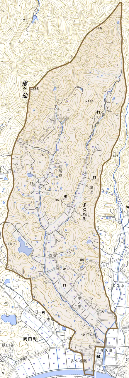 多久谷町とその周辺の地図。町の範囲を重ねている