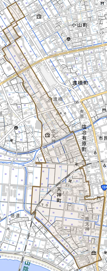 天神町とその周辺の地図。町の範囲を重ねている