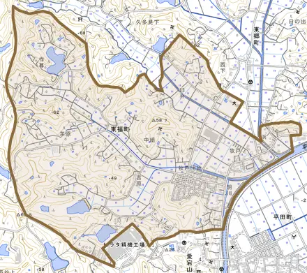 東福町とその周辺の地図。町の範囲を重ねている