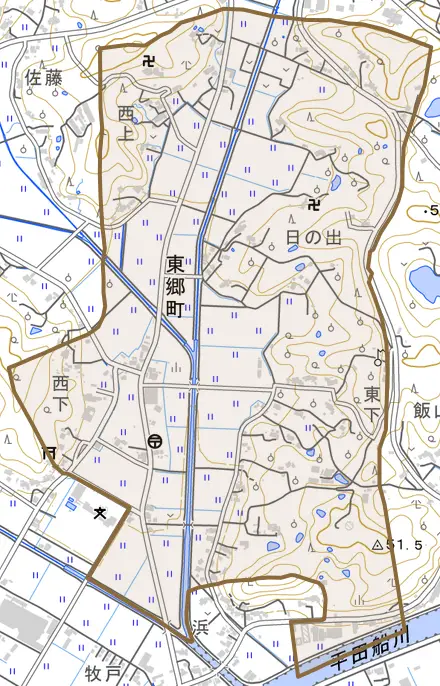 東郷町とその周辺の地図。町の範囲を重ねている