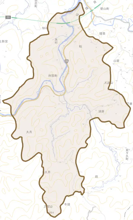 所原町とその周辺の地図。町の範囲を重ねている