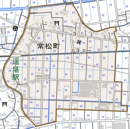 常松町とその周辺の地図。町の範囲を重ねている