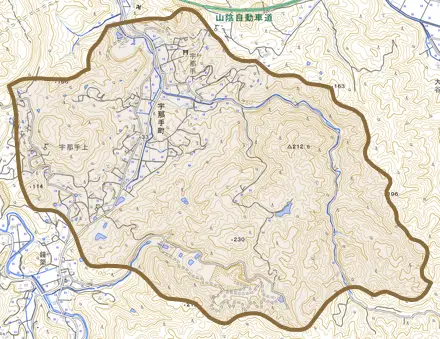 宇那手町とその周辺の地図。町の範囲を重ねている