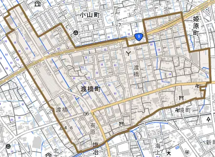 渡橋町とその周辺の地図。町の範囲を重ねている