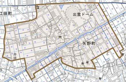 矢野町とその周辺の地図。町の範囲を重ねている