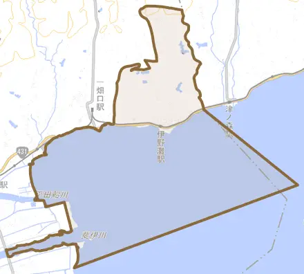 美野町とその周辺の地図。町の範囲を重ねている