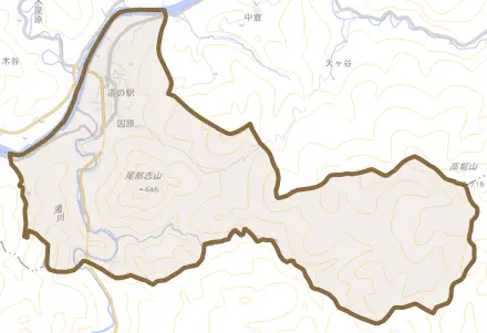 大字因原とその周辺の地図。町の範囲を重ねている