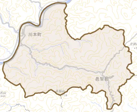 大字川本とその周辺の地図。町の範囲を重ねている