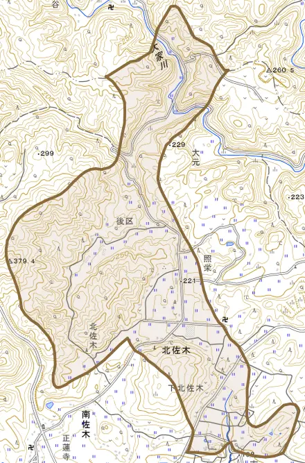 大字北佐木とその周辺の地図。町の範囲を重ねている