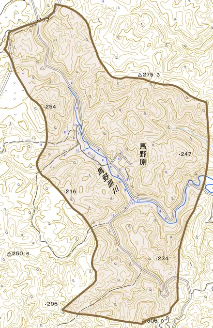 大字馬野原とその周辺の地図。町の範囲を重ねている