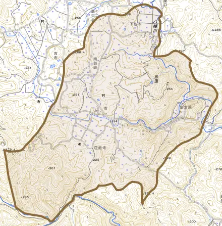 大字三原とその周辺の地図。町の範囲を重ねている