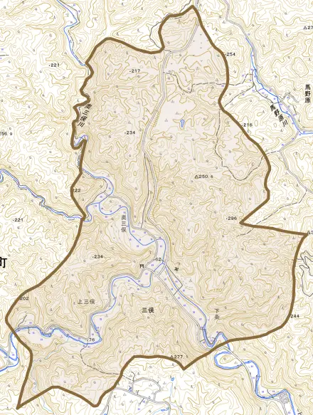 大字三俣とその周辺の地図。町の範囲を重ねている
