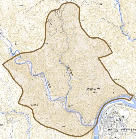大字谷戸とその周辺の地図。町の範囲を重ねている