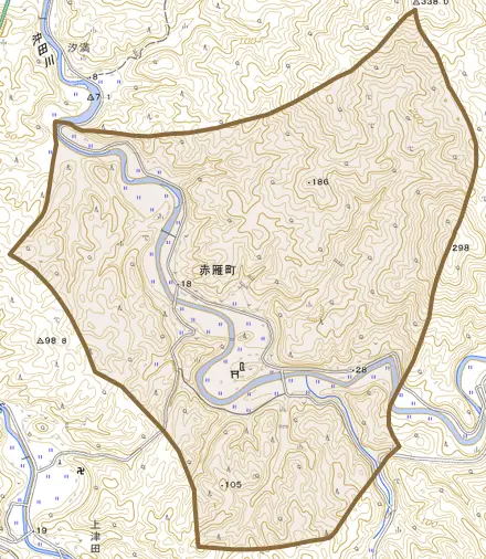 赤雁町とその周辺の地図。町の範囲を重ねている