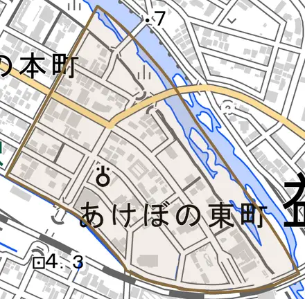 あけぼの東町とその周辺の地図。町の範囲を重ねている