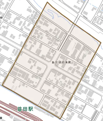 あけぼの本町とその周辺の地図。町の範囲を重ねている