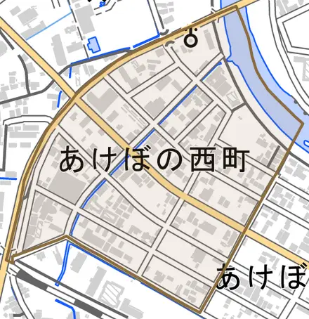 あけぼの西町とその周辺の地図。町の範囲を重ねている
