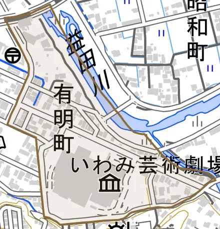有明町とその周辺の地図。町の範囲を重ねている