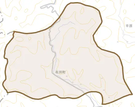 有田町とその周辺の地図。町の範囲を重ねている