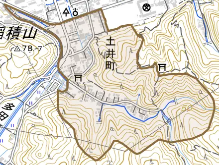土井町とその周辺の地図。町の範囲を重ねている