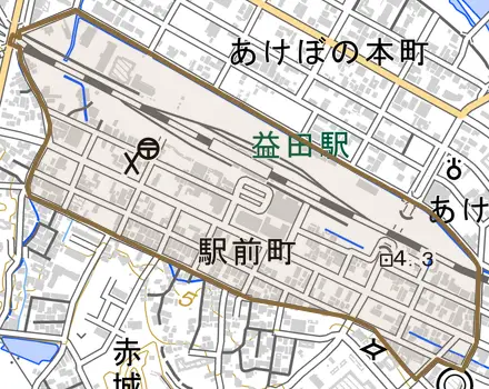 駅前町とその周辺の地図。町の範囲を重ねている