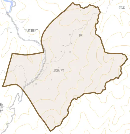 波田町とその周辺の地図。町の範囲を重ねている