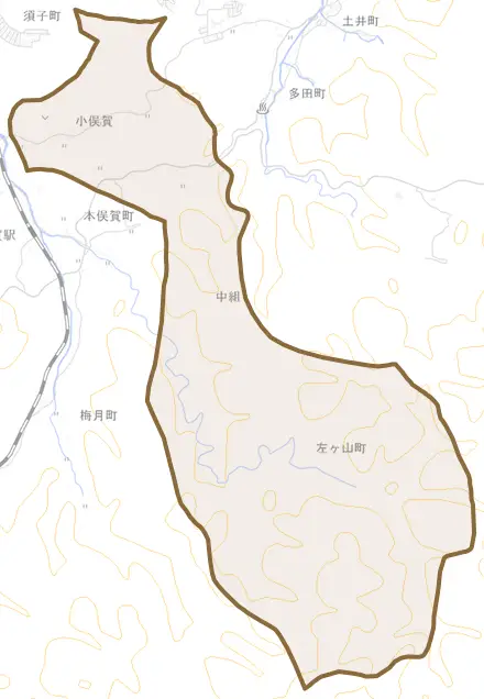 左ヶ山町とその周辺の地図。町の範囲を重ねている