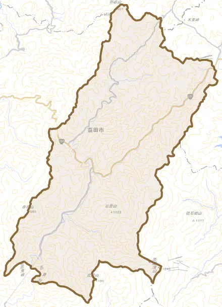 匹見町道川とその周辺の地図。町の範囲を重ねている