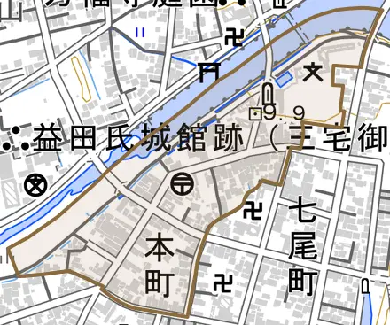 本町とその周辺の地図。町の範囲を重ねている