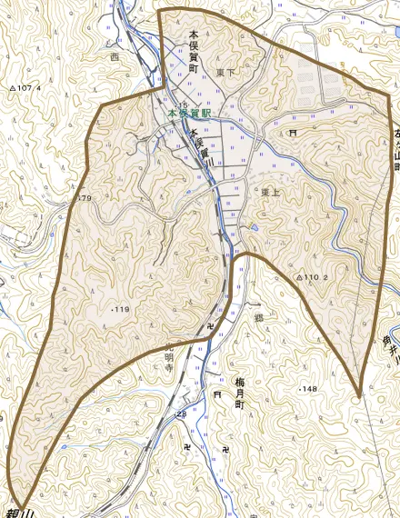 本俣賀町とその周辺の地図。町の範囲を重ねている