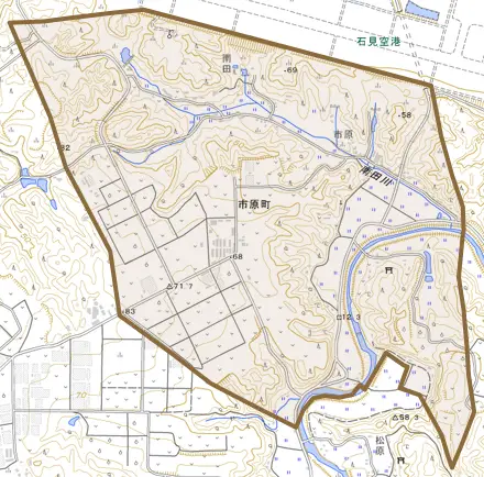 市原町とその周辺の地図。町の範囲を重ねている