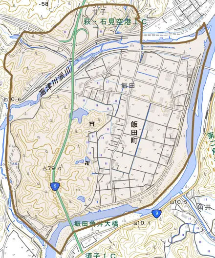 飯田町とその周辺の地図。町の範囲を重ねている