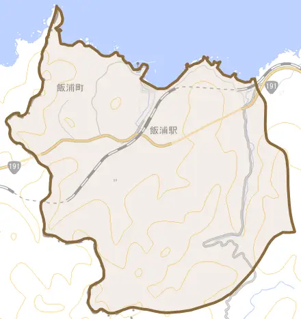 飯浦町とその周辺の地図。町の範囲を重ねている