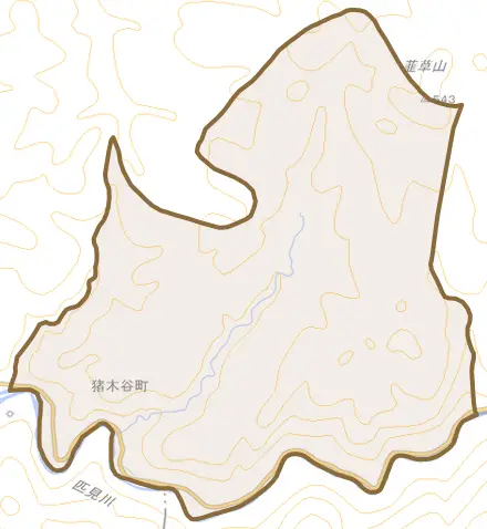 猪木谷町とその周辺の地図。町の範囲を重ねている
