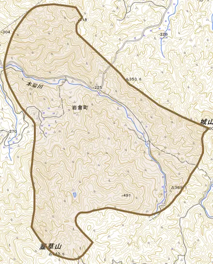 岩倉町とその周辺の地図。町の範囲を重ねている