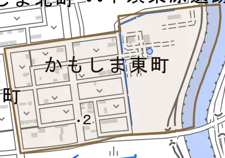 かもしま東町とその周辺の地図。町の範囲を重ねている