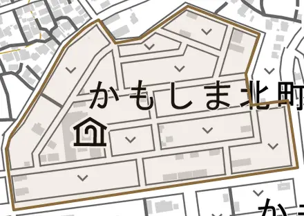 かもしま北町とその周辺の地図。町の範囲を重ねている
