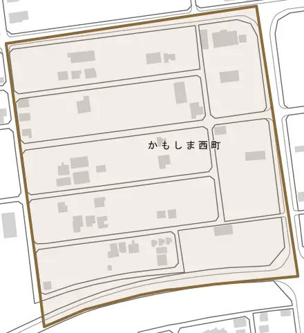 かもしま西町とその周辺の地図。町の範囲を重ねている