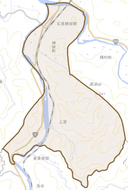 神田町とその周辺の地図。町の範囲を重ねている