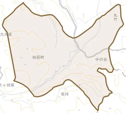 柏原町とその周辺の地図。町の範囲を重ねている
