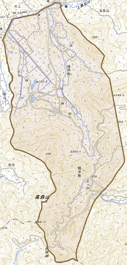 桂平町とその周辺の地図。町の範囲を重ねている