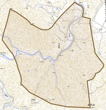 川登町とその周辺の地図。町の範囲を重ねている