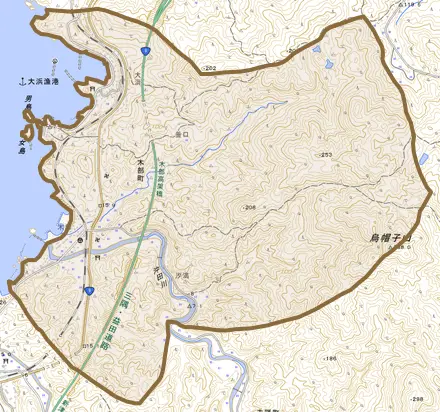 木部町とその周辺の地図。町の範囲を重ねている