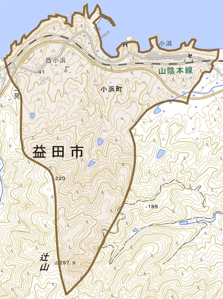 小浜町とその周辺の地図。町の範囲を重ねている