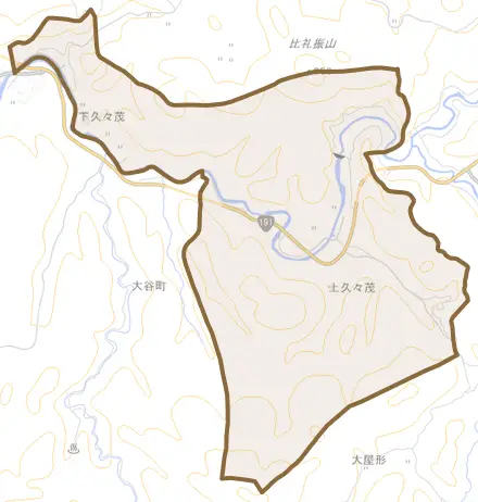 久々茂町とその周辺の地図。町の範囲を重ねている