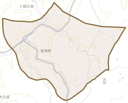 黒周町とその周辺の地図。町の範囲を重ねている
