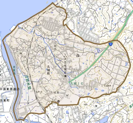 久城町とその周辺の地図。町の範囲を重ねている