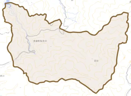 美都町板井川とその周辺の地図。町の範囲を重ねている