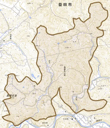 美都町小原とその周辺の地図。町の範囲を重ねている